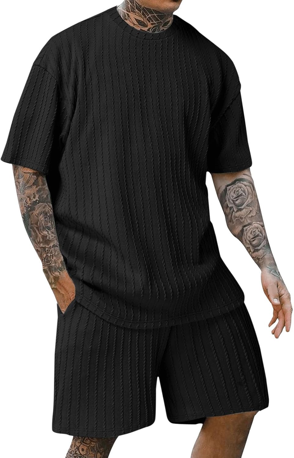 Men's Twisted Solid Leisurewear 2 Piece Set Short Sleeve Crew Neck Loose Fit Shirts and Shorts Summer Fashion Outfit