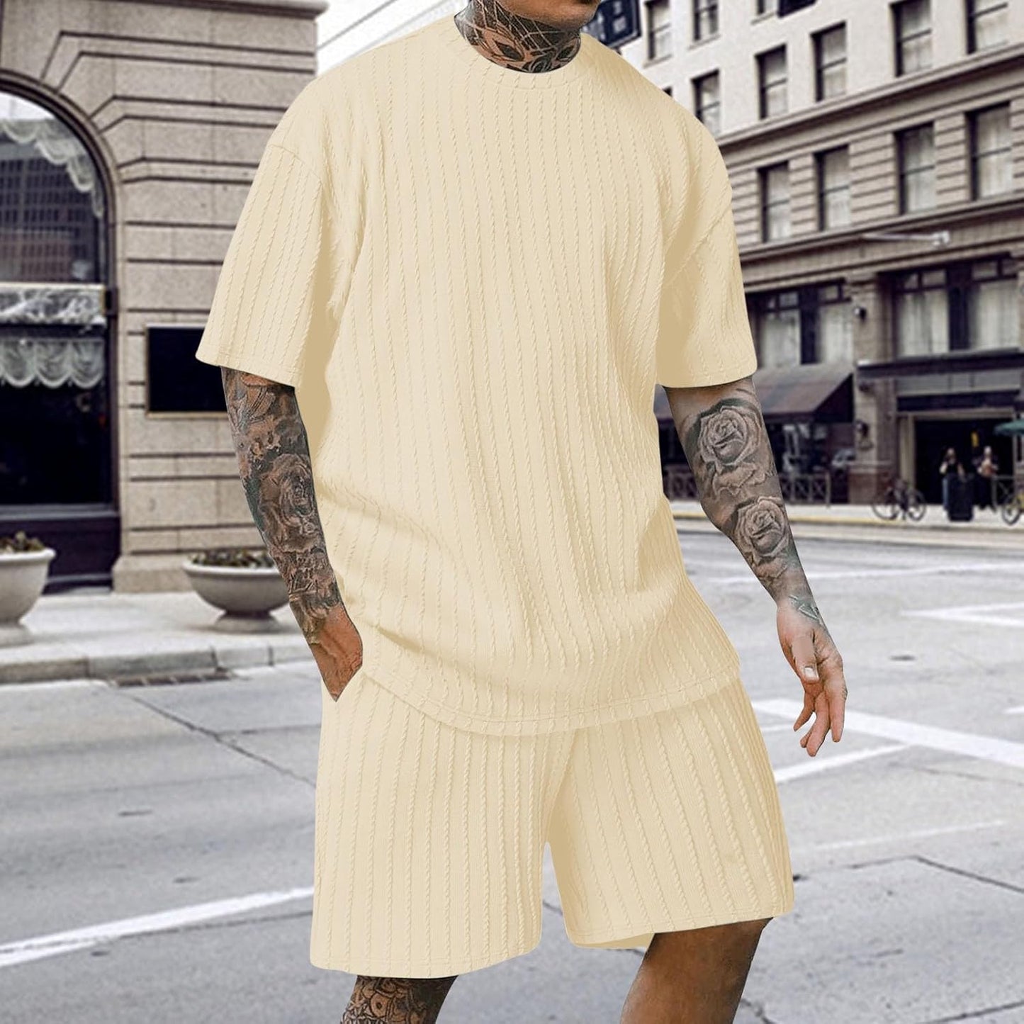 Men's Twisted Solid Leisurewear 2 Piece Set Short Sleeve Crew Neck Loose Fit Shirts and Shorts Summer Fashion Outfit