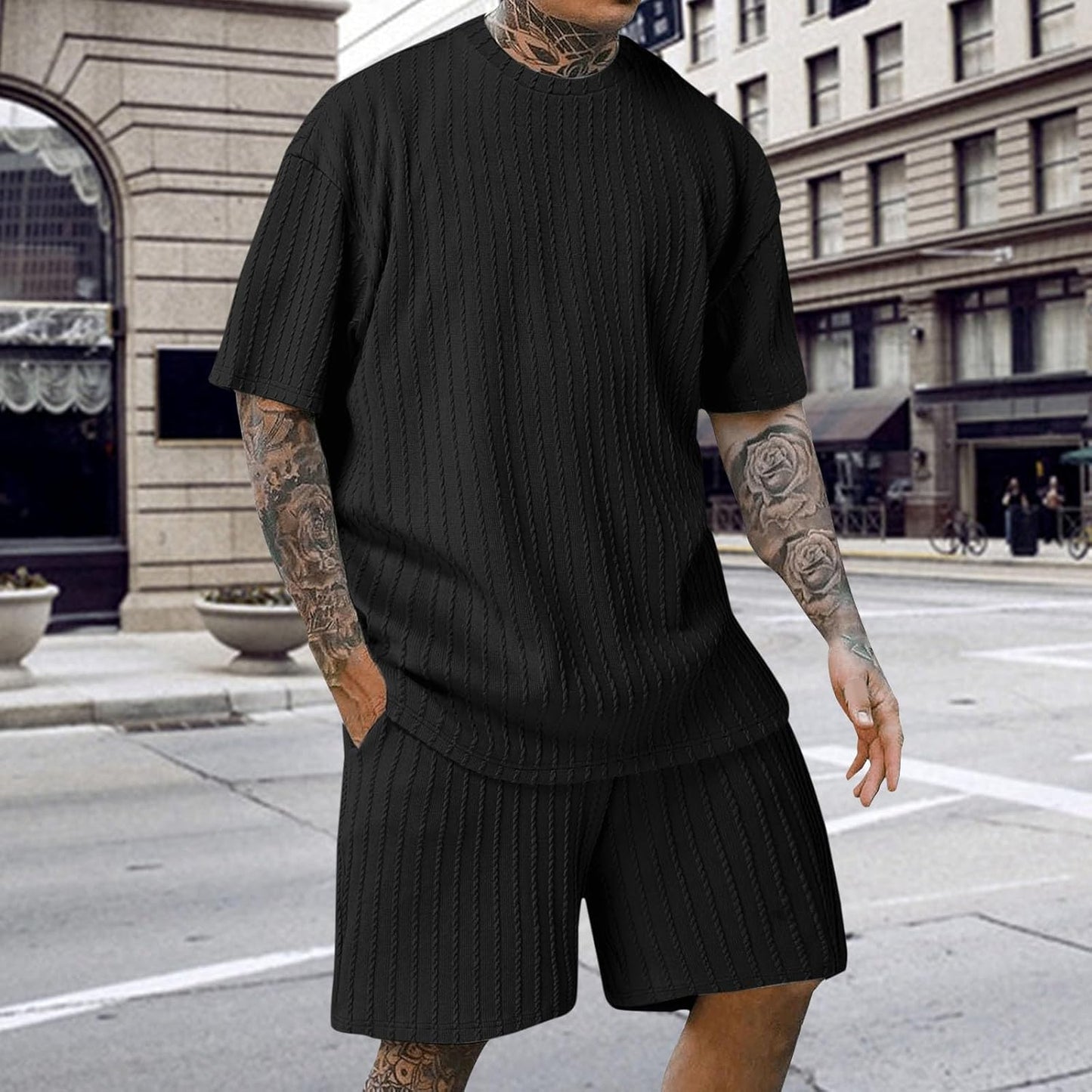 Men's Twisted Solid Leisurewear 2 Piece Set Short Sleeve Crew Neck Loose Fit Shirts and Shorts Summer Fashion Outfit