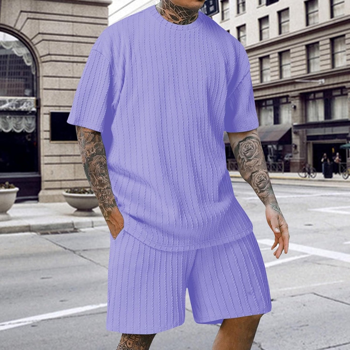 Men's Twisted Solid Leisurewear 2 Piece Set Short Sleeve Crew Neck Loose Fit Shirts and Shorts Summer Fashion Outfit
