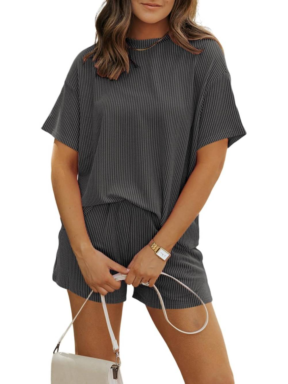 Women's Crew Neck Ribbed Textured Shorts Set