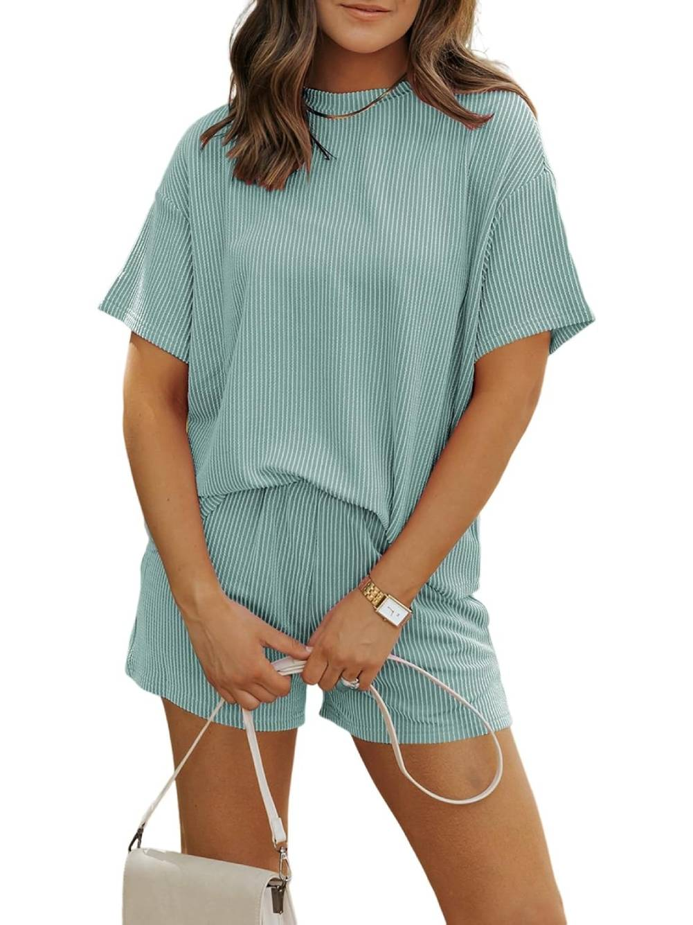 Women's Crew Neck Ribbed Textured Shorts Set